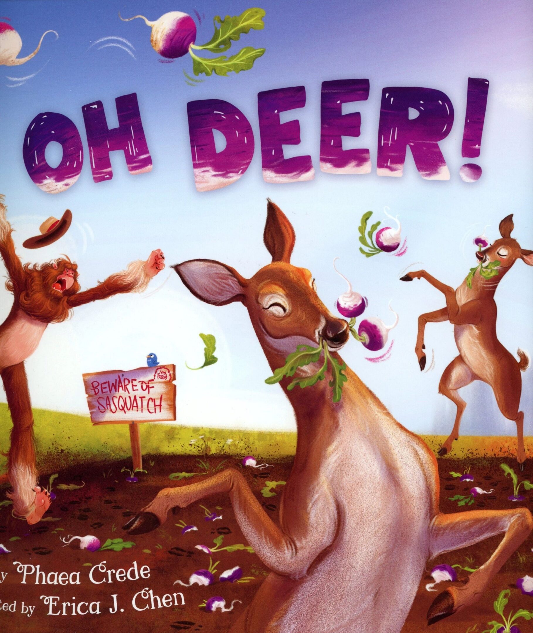 Deer eating turnips, playful chaos ensues.