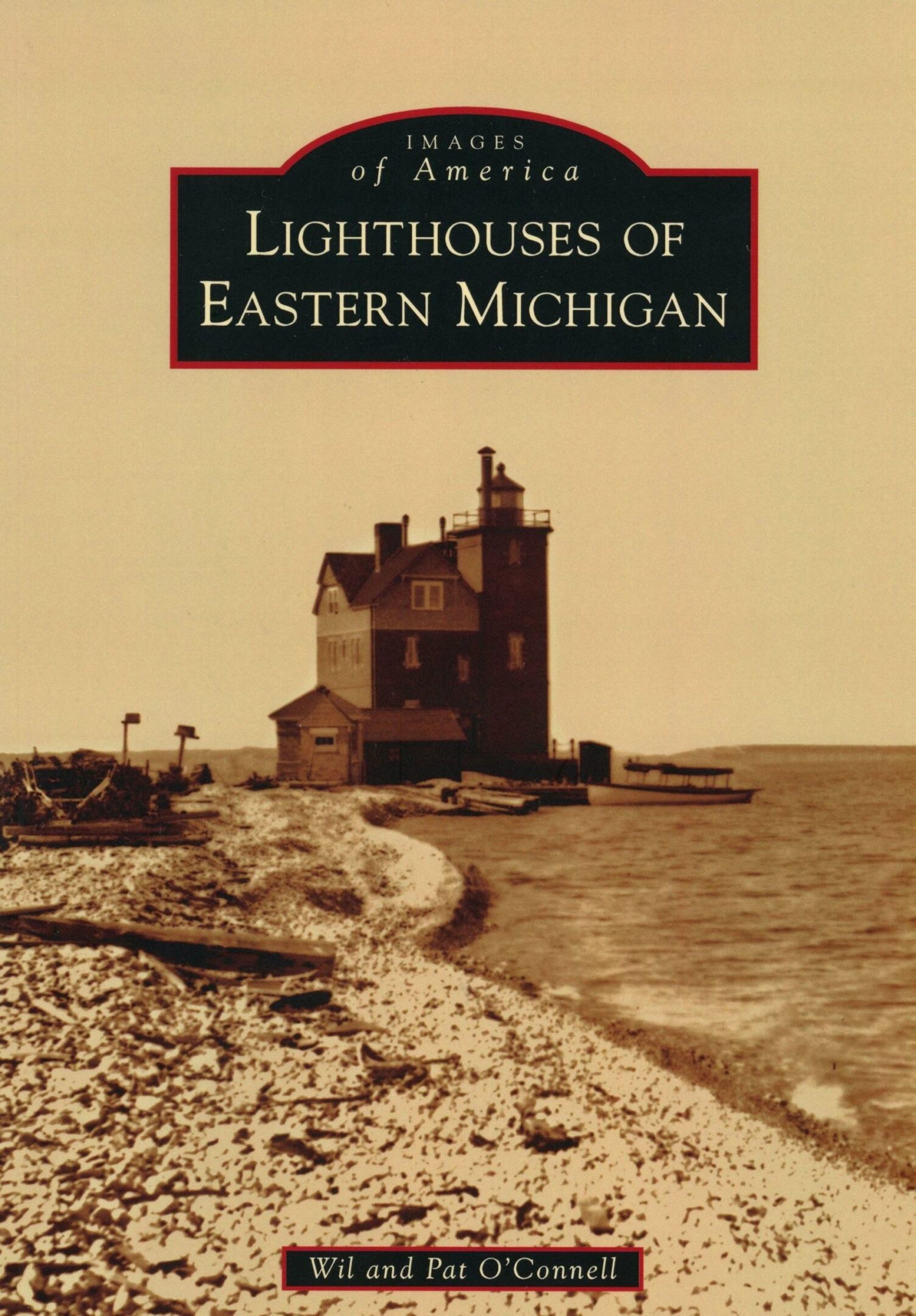 Lighthouse on rocky shore, Eastern Michigan.