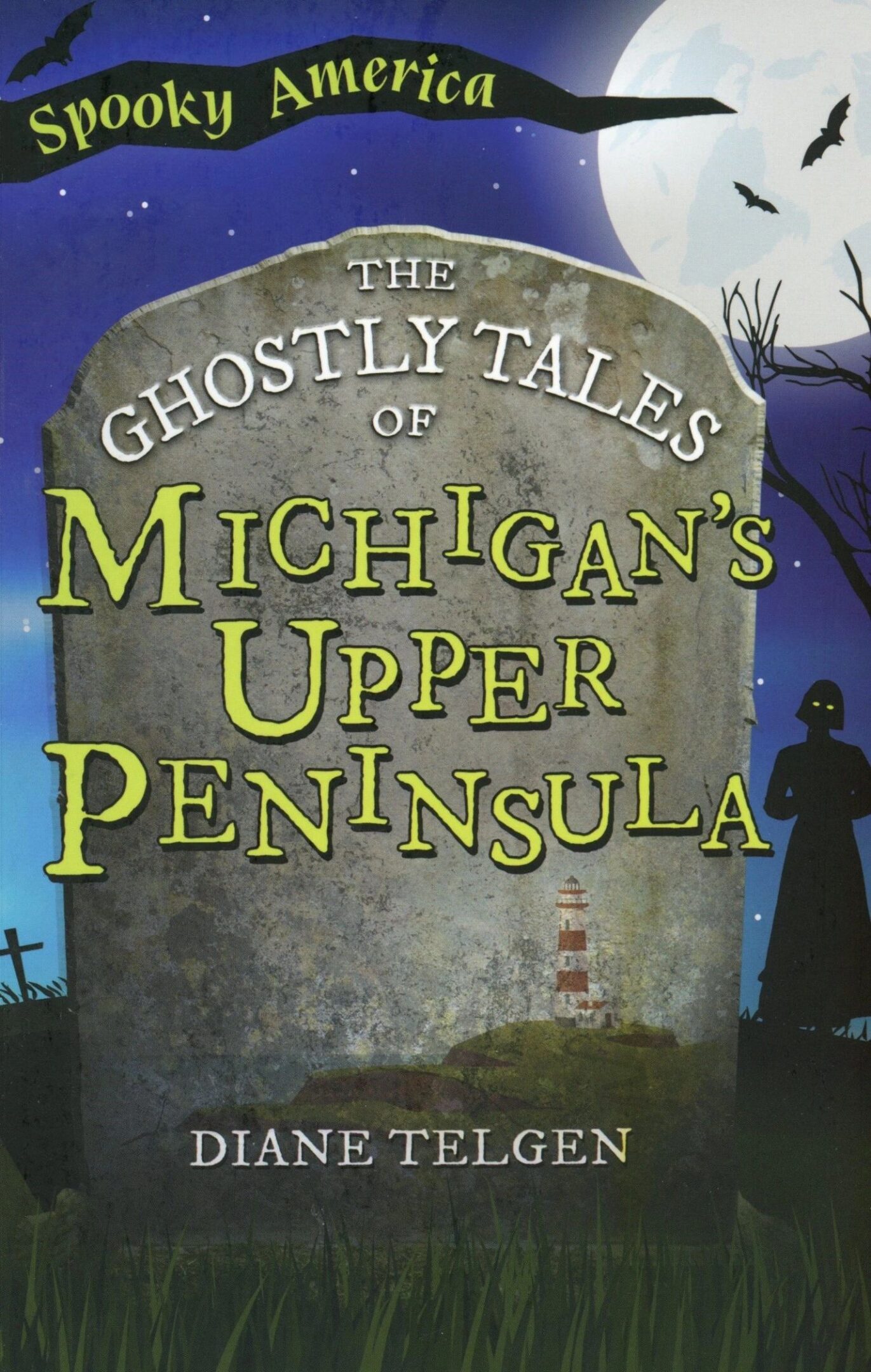 Haunted book cover with gravestone and moon.