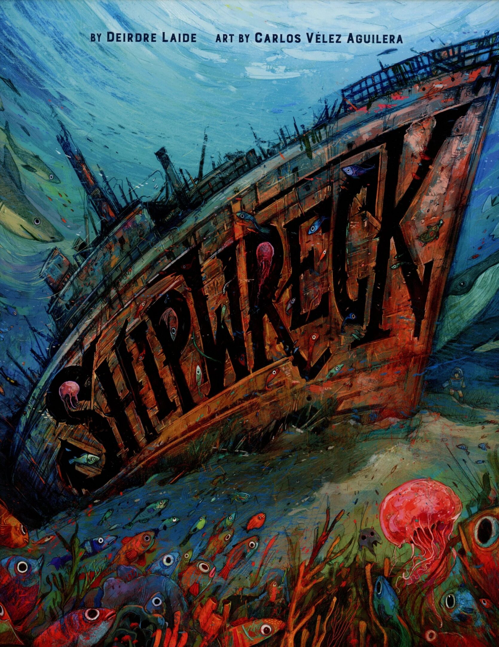 Colorful shipwreck illustration with underwater scene.