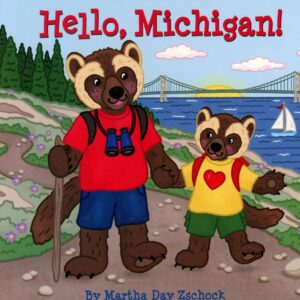 Two cartoon bears exploring Michigan outdoors.