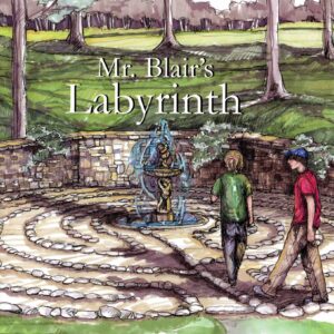 Two people walking in a forest labyrinth.