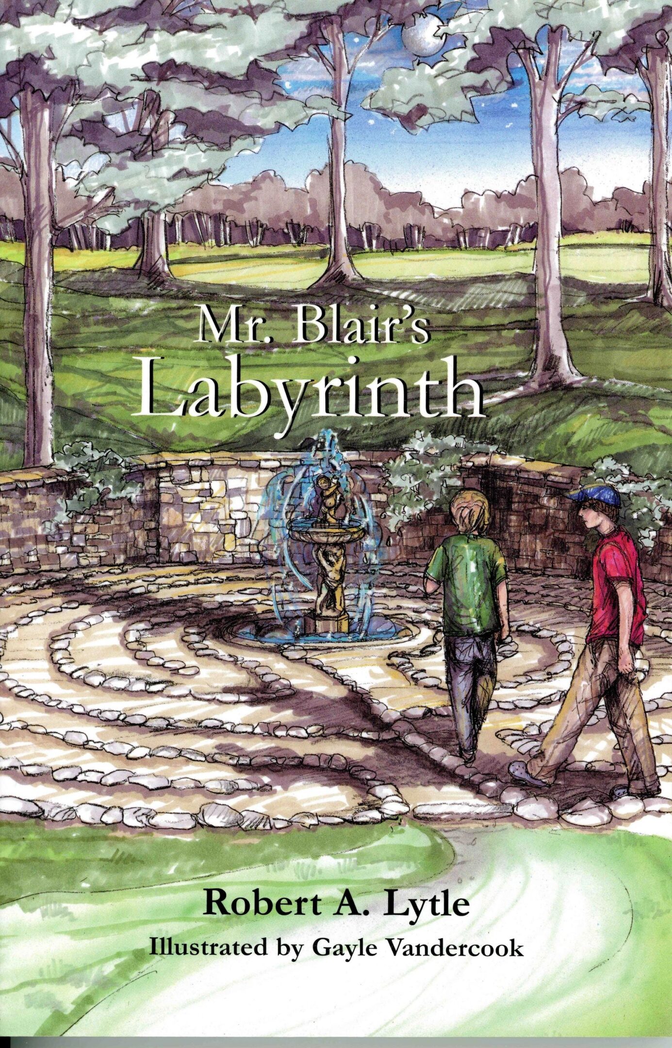 Two people walking in a forest labyrinth.