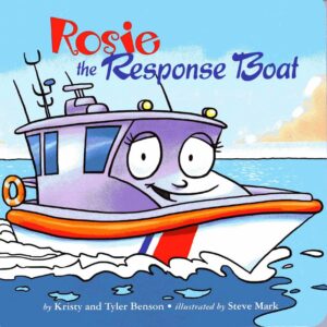 Cartoon boat on book cover with smile.