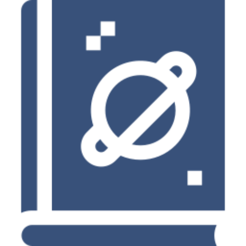 Blue book with ringed planet icon