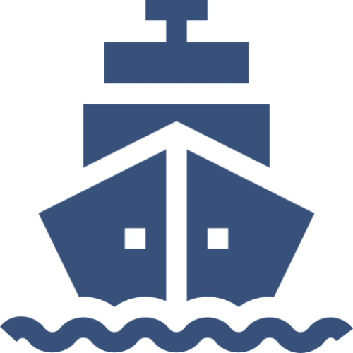 Blue ship bow icon above waves